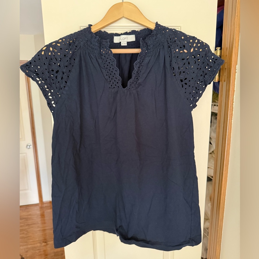LOFT Navy Blue Eyelet Cotton Blouse